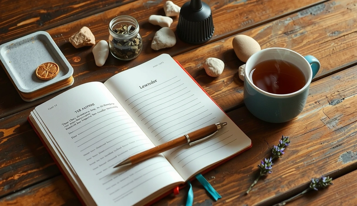 Carnet ouvert avec une tasse de thé et des éléments naturels, symbolisant la lecture et la connaissance en santé.